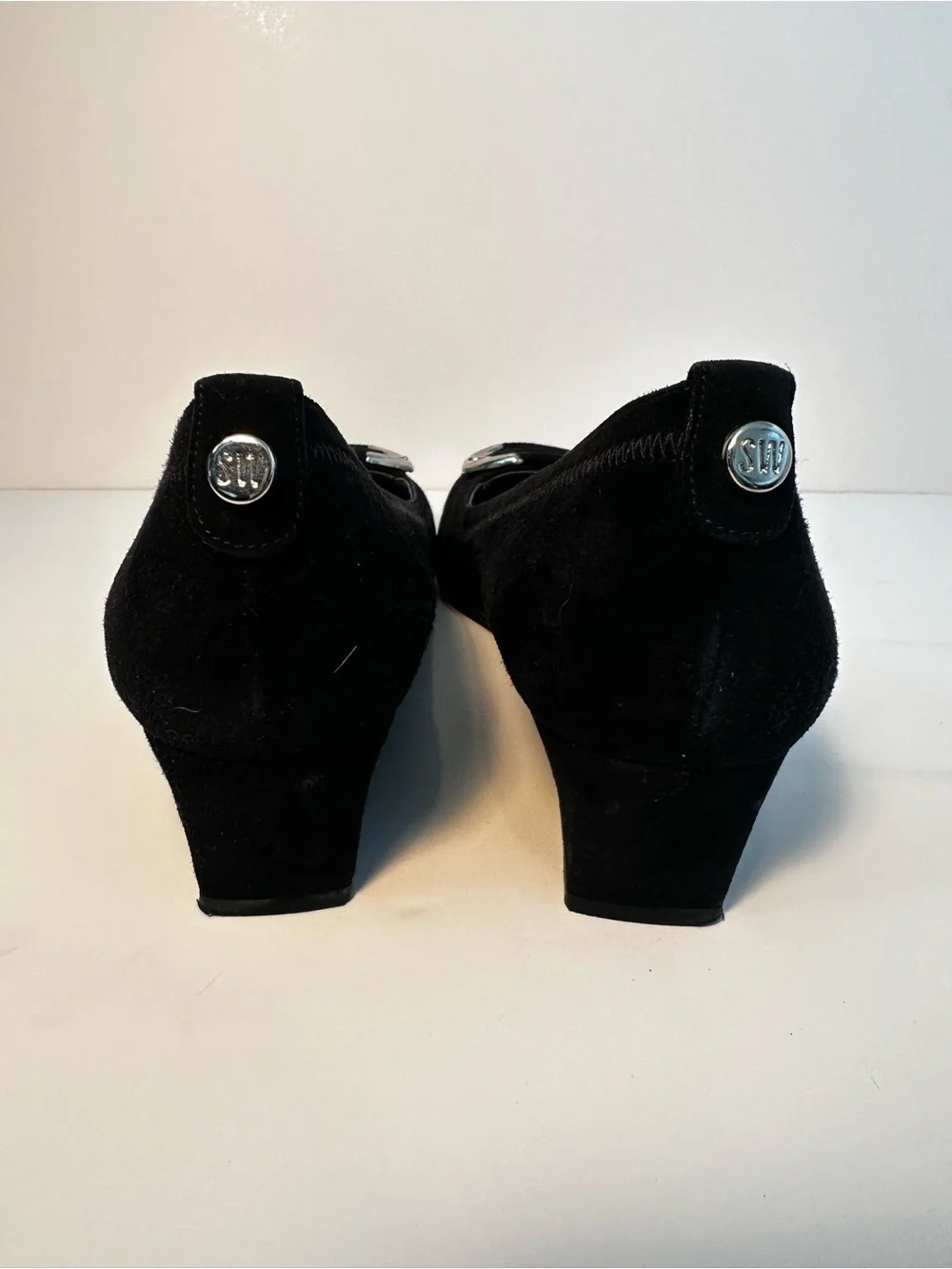 Stuart Weitzman Black Suede Women's Wedge with Silver Buckle - size 7.5 N